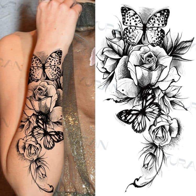 70 schwarze Tattoos auf dem Unterarm, Schmetterlinge, Rosen, Natur