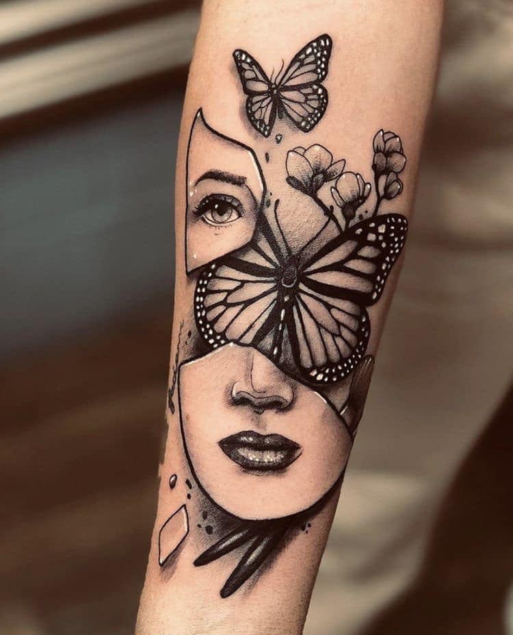 70 tatuagens negras, rosto quebrado de mulher com flores de borboleta no antebraço
