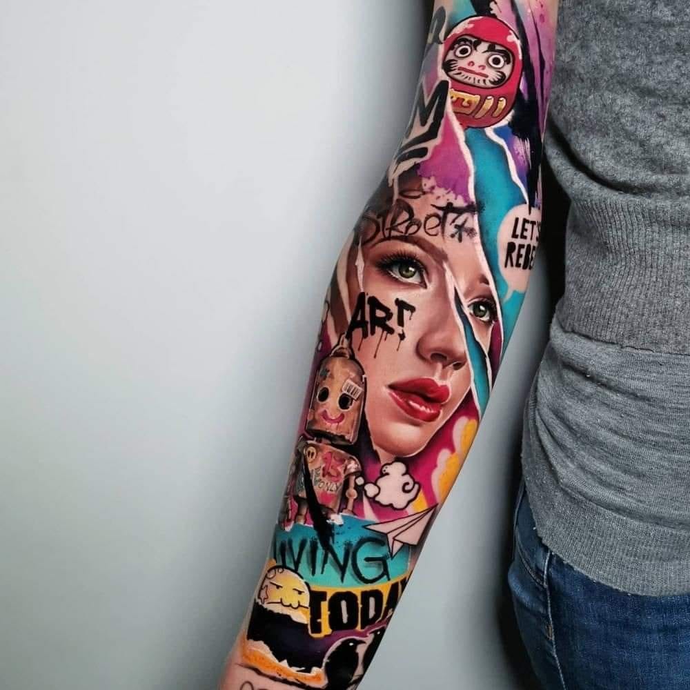 9 Tatuaggi realistici a colori con iscrizioni e caricature del volto di una donna ART Art