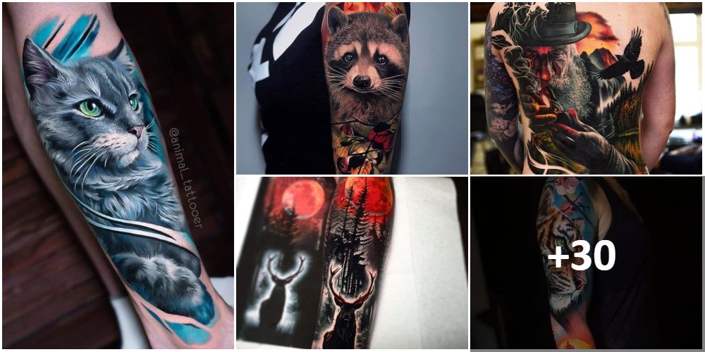 Collage-Tattoos realistisch und in voller Farbe