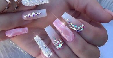 1 TOP 1 Unas con Strass Pedreria Elegantes Rosadas Marmoladas Brillo Diamante Plateado Tornasolado
