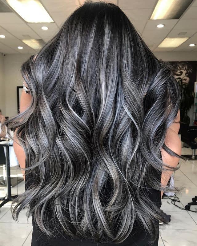 245 Color dye Gray wavy shiny hair black roots