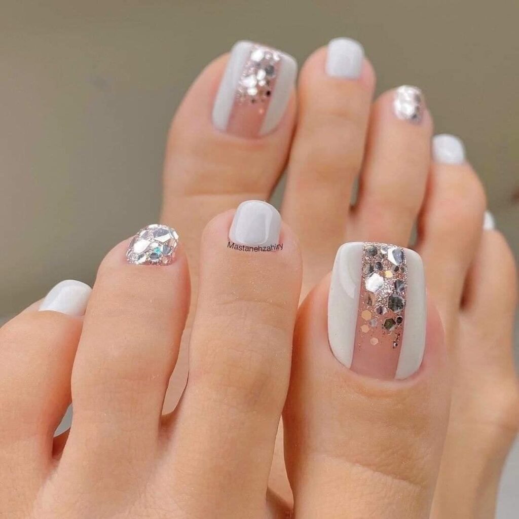 371 disegni di unghie dei piedi bianche con striscia rosa glitter argento brillante