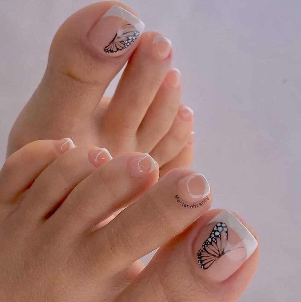 386 disegni di unghie dei piedi rosa naturali con punte bianche, disegno a farfalla