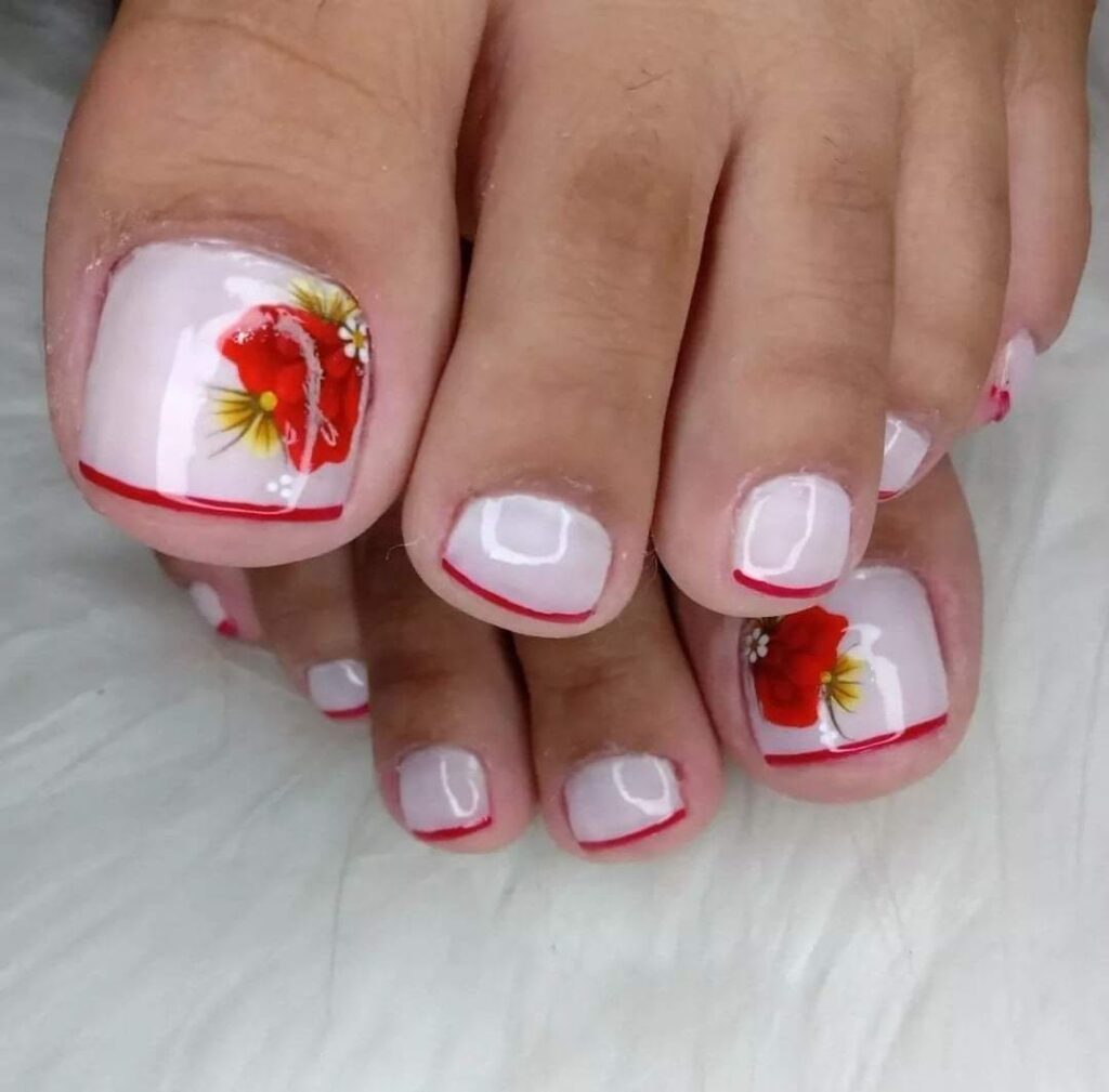 54 unghie semplici bianche con una linea rossa sulla punta che disegna un fiore rosso e giallo