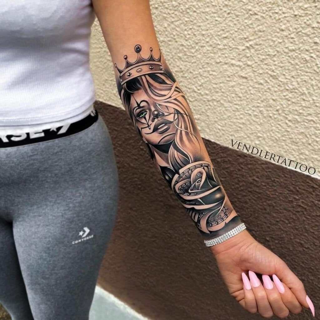 1 TOP 1 VendlerTattoo on forearm Woman Clown with Crown money in the shape of a gradient rose
