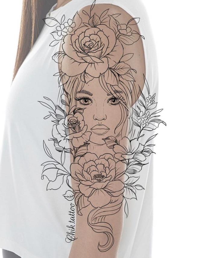 16 Chik Tattoo boceto para brazo con rostro de mujer y flores
