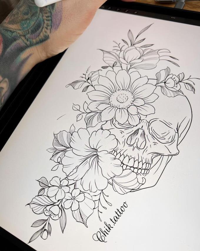 22 Chik Tattoo sketch of skull with flowers and nature