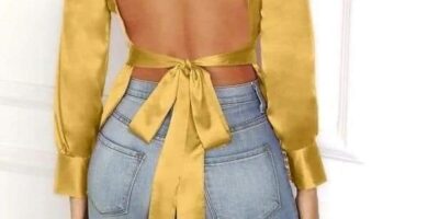 1200 Blusa Espalda Descubierta de Raso color Mostaza con cintas para atar detras cuello halter