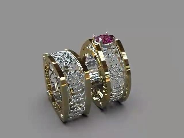 164 Wedding Ring in White and Yellow Gold with ornaments and a square outer shape with a violet stone