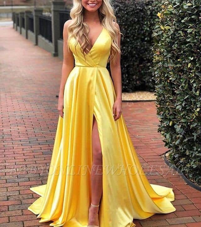 65 Vestido elegante de fiesta amarillo con escote pronunciado