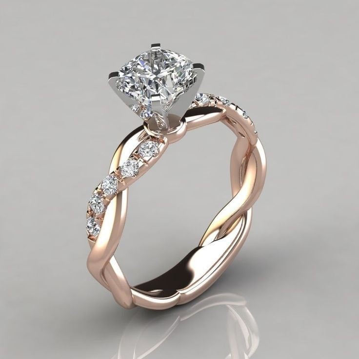 Bague de mariage ou de fiançailles en or rose 14 carats avec diamant carré princesse bicolore 817