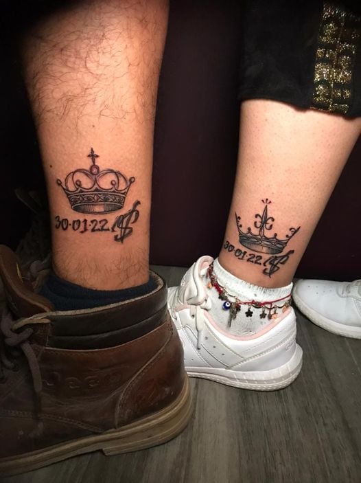 82 Most Liked Original Tattoos King and Queen Crowns on the calves of a couple with a date