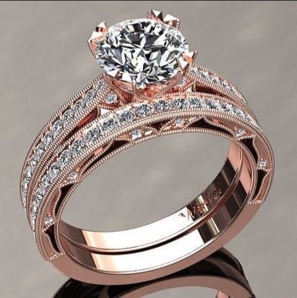 836 Verlobungs- oder Ehering, Moissanit-Verlobungsring, Charles und Colvard Moissanit-Diamantring, viktorianischer Vintage-Stil, 14-karätiger 18-karätiger Roségold-Jubiläumsring