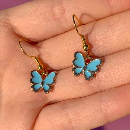 Rings Earrings Bracelets Gold color common gold hoops with light blue butterfly earrings