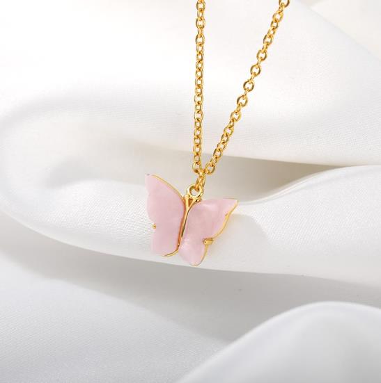 Rings Earrings Bracelets Gold color golden chain with delicate pink butterfly pendant