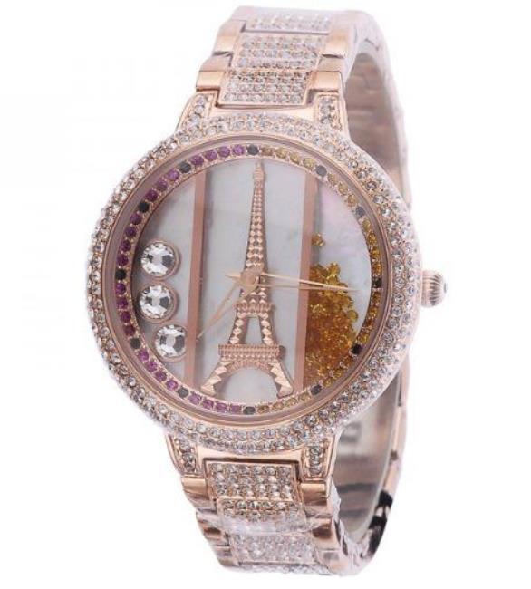 Orologio da polso in oro Simil Diamonds Eifel Tower con maglia dorata e diamanti