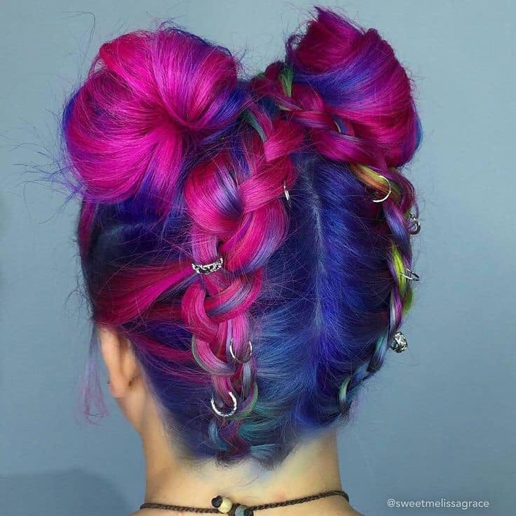 136 Trenzas Anchas de Colores Fucsia Azul con adornos de anillos 136 Trenzas Anchas de Colores Fucsia Azul con adornos de anillos