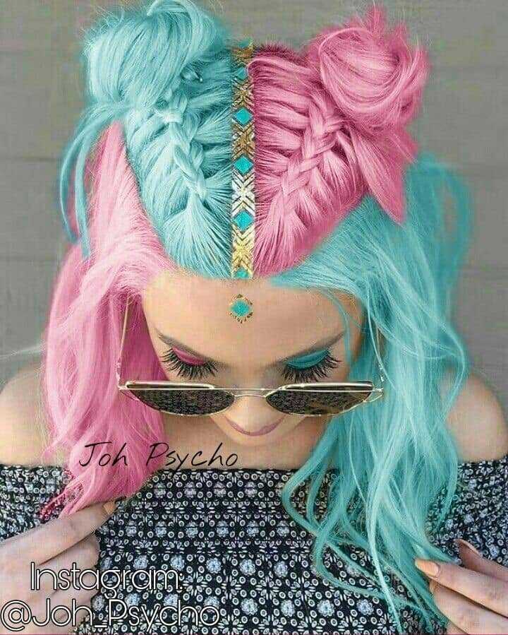 168 Half Light Blue and Pink Two Color Hair with buns and golden half ornament