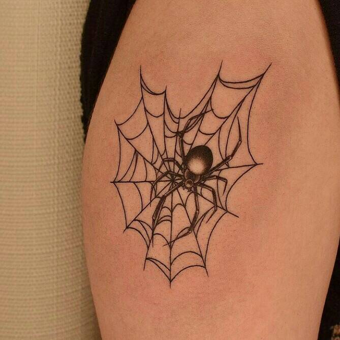 31 Small Simple Tattoos spider web on thigh with large spider