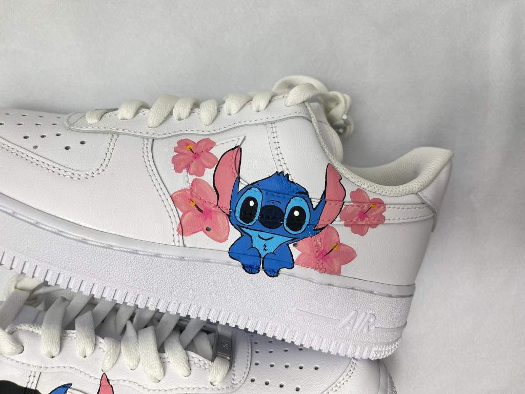 33 Lilo and Stitch White Air Force Nike Shoes with Salmon Pink Flowers