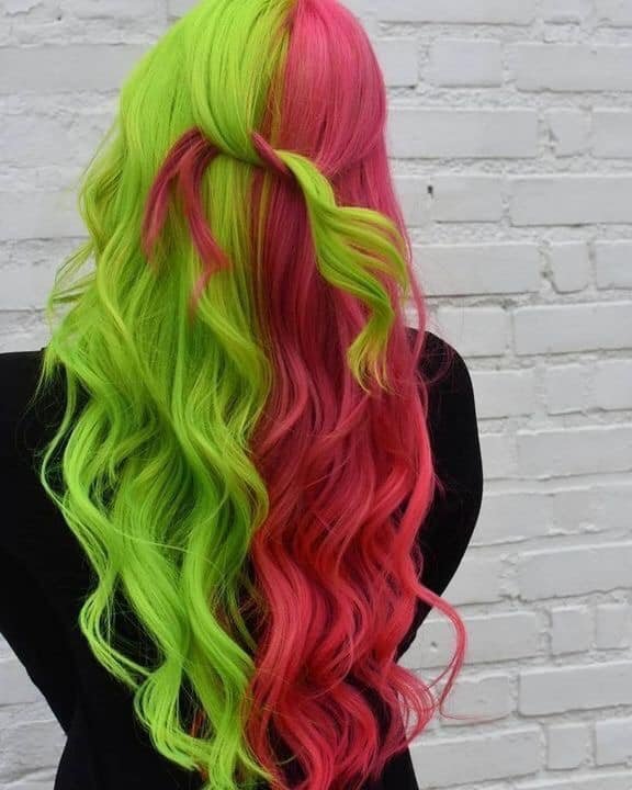 64 Duas cores de meia parte de cabelo verde musgo e vermelho rosa