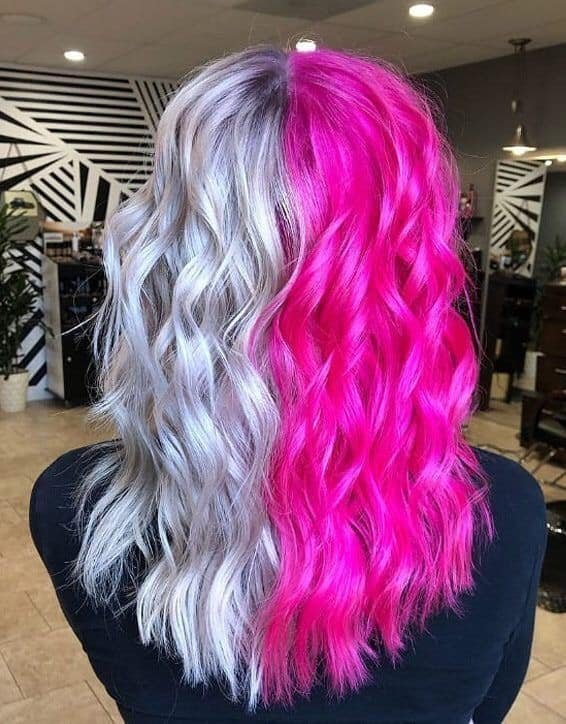76 Furious Silver and Fuchsia Half Down Two Color Hair