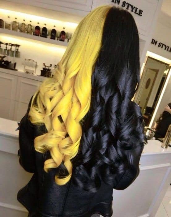 82 Two Colored Half Yellow and Black Hair with Curls at the Ends