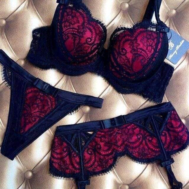 110 Three-piece Lace Lingerie Set for wine red and blue garter belt