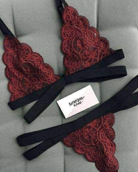 74 Lace Lingerie Set with thong black and Old Red ribbons Brand Kuznersova aleva
