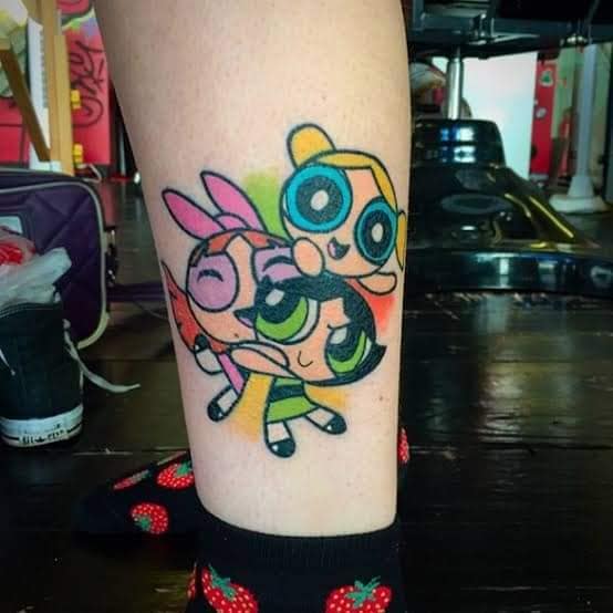 20 Tattoos of the Powerpuff Girls acorn Bubble and Bonbon on calf