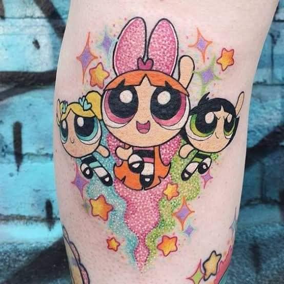 31 Tattoos der Powerpuff Girls Eichelblase und Bonbon mit Sternen und Farben