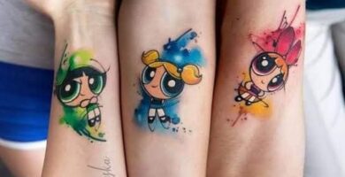 42 Tatuajes de las Chicas Superpoderosas bellota Burbuja y Bombon en brazos acuarela de colores