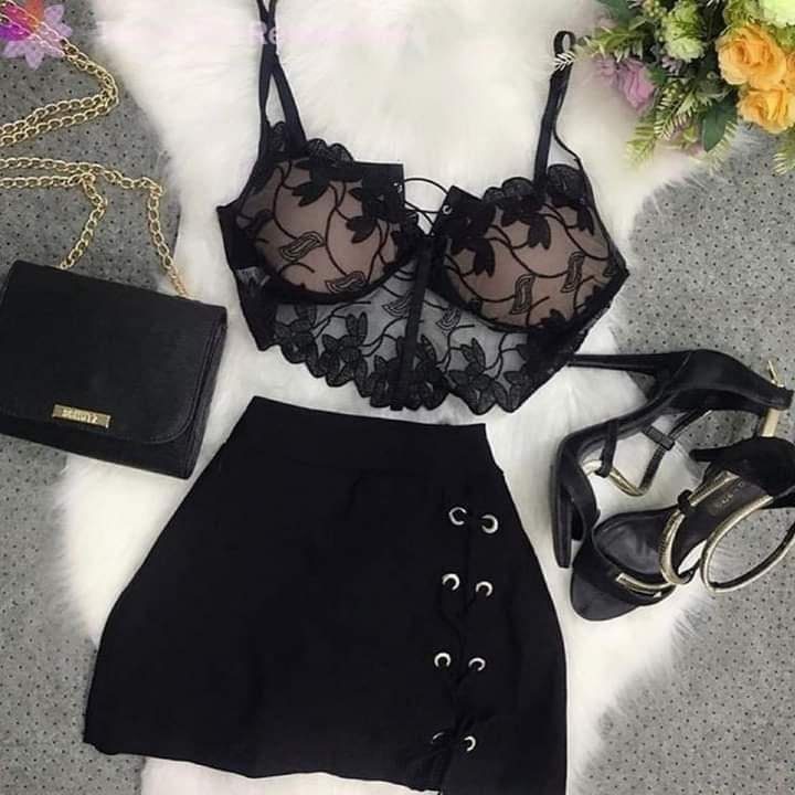 344 Black Top and Skirt Set Shorts with lace top in semi-transparent fabric with laced skirt