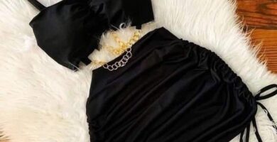 822 Conjunto de Top y Falda negra Cortos cadenitas doradas de adorno tipo rasso