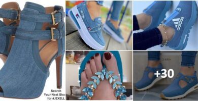 Collage aus hellblauen Schuhen und Turnschuhen