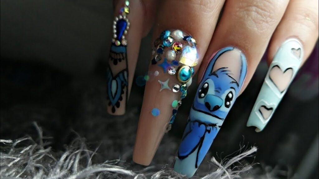 112 Long Nail Designs for Girls Lilo and Stitch decorated with colored stones and strass pearls