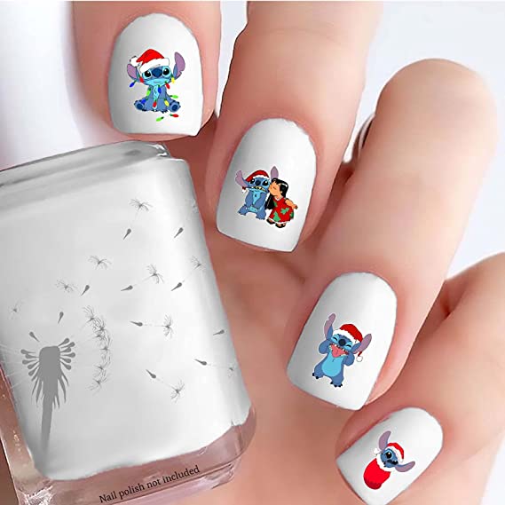 118 Nail Designs for Girls Lilo and Stitch short white with Christmas motifs