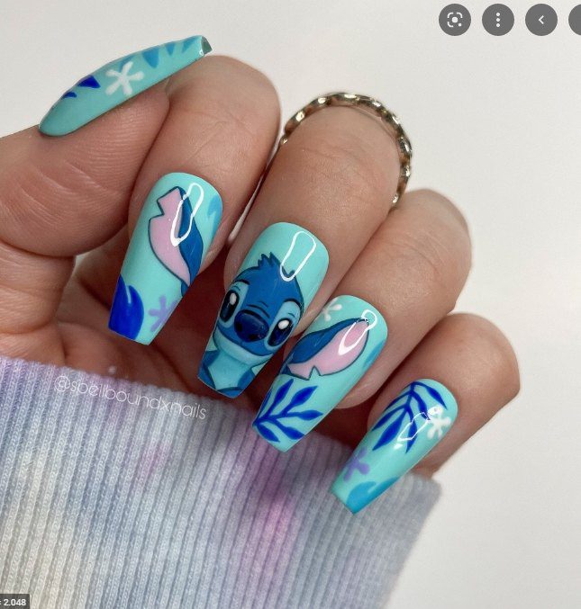 197 Nail Designs for Girls Lilo and Stitch aqua green color with ears and blue twigs
