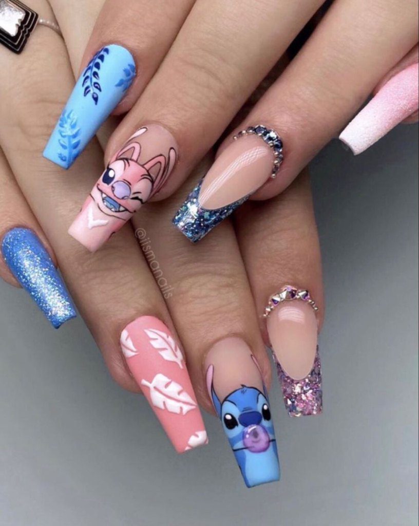 205 Nail Designs for Girls Angel and Stitch blue and pink twigs glitter on the tip