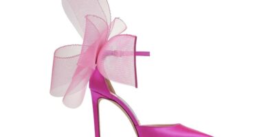 1 Hermosos Tacones rosas con fino tacón y un lazo transparente hermoso para ocasiones especiales