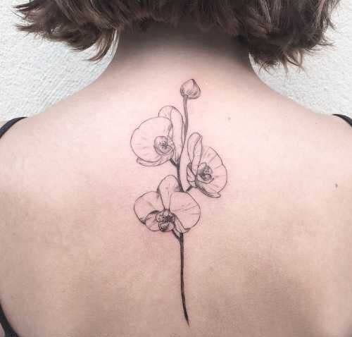 14 Hermoso y singular tatuaje de una orquidea en blanco y negro en la espalda