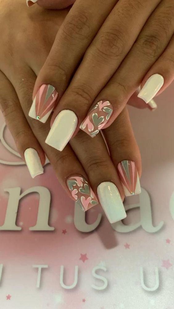21 BEAUTIFUL NAILS WITH HEARTS white and pink enamel