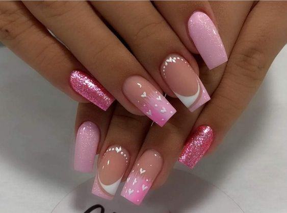 29 BEAUTIFUL NAILS WITH HEARTS with clear and pink glitter nail polish