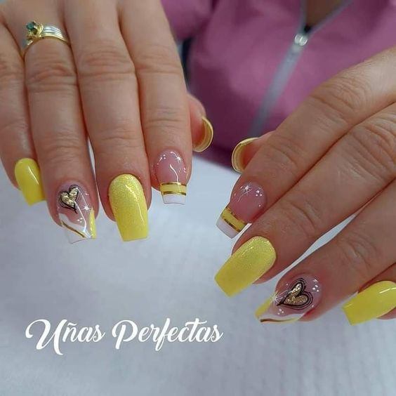 33 BEAUTIFUL NAILS WITH HEARTS and bright yellow enamel