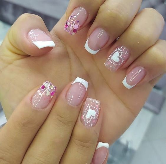 44 BEAUTIFUL NAILS WITH HEARTS with shiny nail polish and French manicure