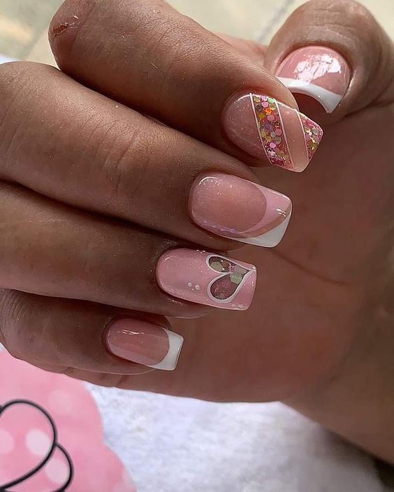 54 BEAUTIFUL NAILS WITH HEARTS in pink nail polish and some with glitter lines