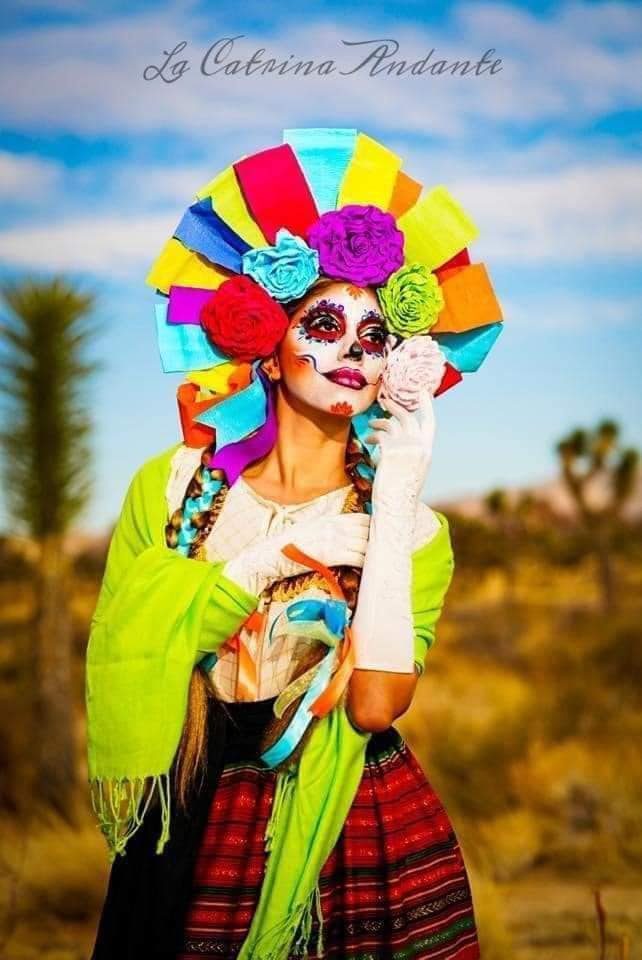 6 La Catrina Costumes colorful makeup high headband with colored ribbons braids and rag doll style costume and white gloves