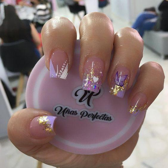 70s BEAUTIFUL NAILS WITH HEARTS and glitter nail polish with pink tones