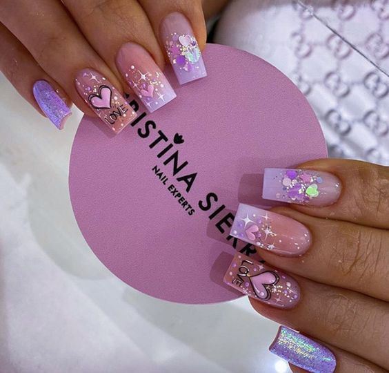 73 BEAUTIFUL NAILS WITH HEARTS in shades of pink with glitter